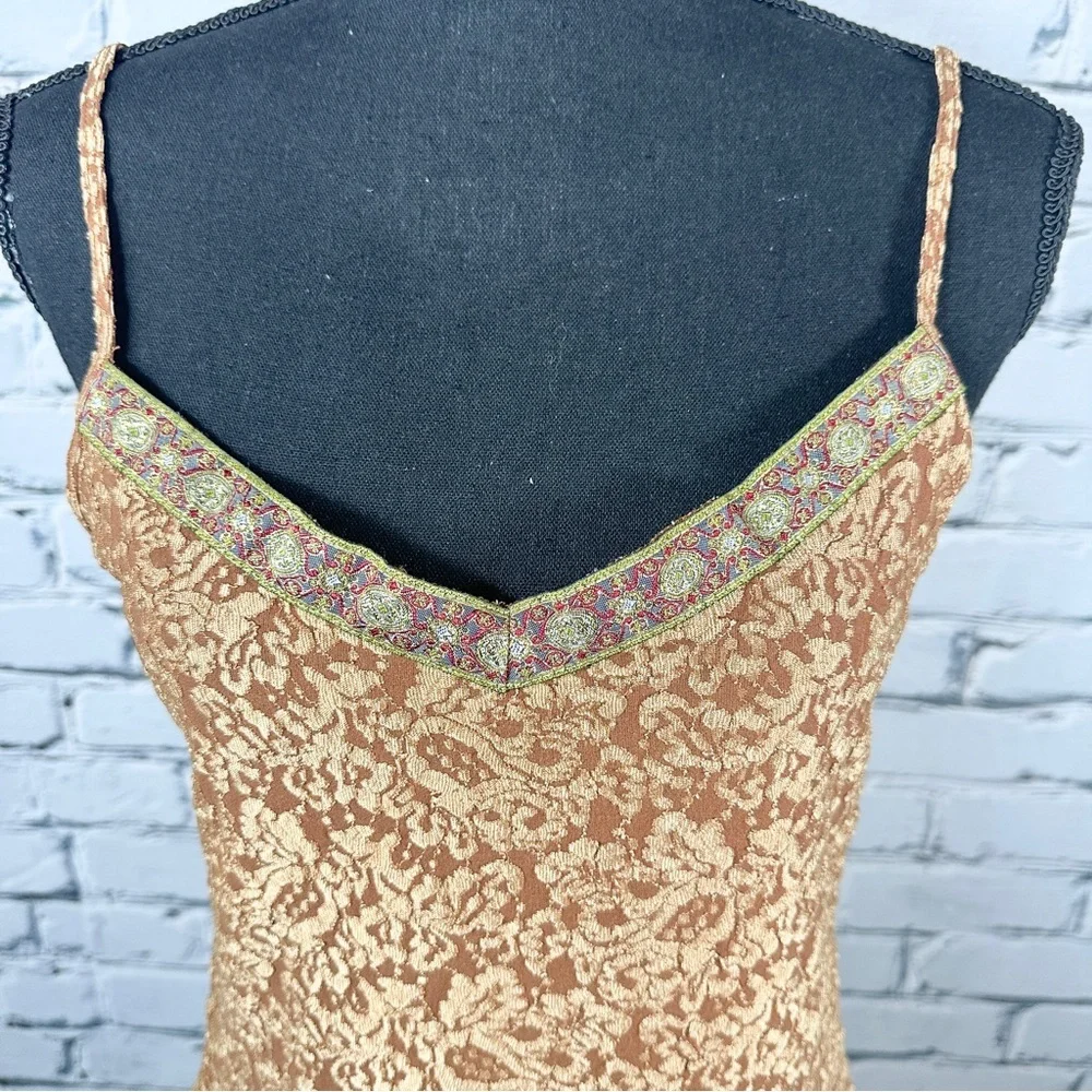 Moda International Tank Top Camisole Metallic Gold Rust Large Y2k Boho Fairycore